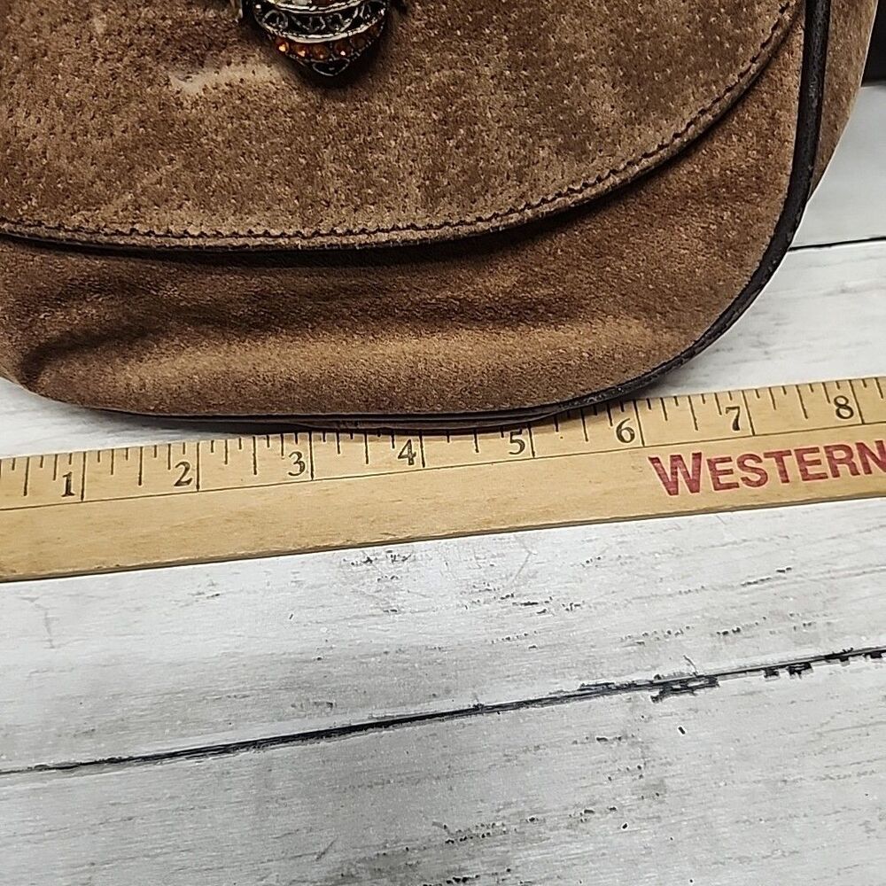 Vintage Bijoux Terner Brow Suede Crossbody SoHo Bag Flap Front with Leather Trim - Picture 4 of 11